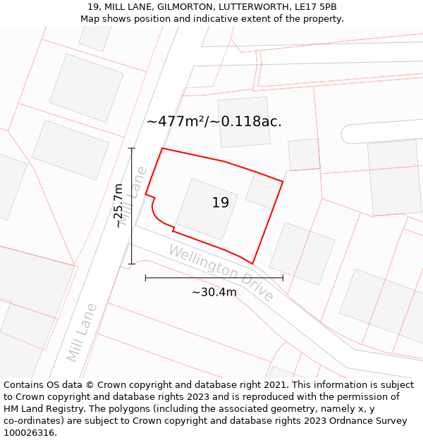 19, MILL LANE, GILMORTON, LUTTERWORTH, LE17 5PB: Plot and title map