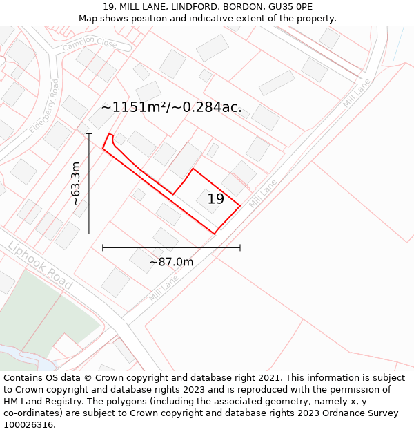 19, MILL LANE, LINDFORD, BORDON, GU35 0PE: Plot and title map