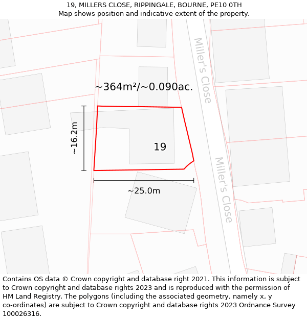 19, MILLERS CLOSE, RIPPINGALE, BOURNE, PE10 0TH: Plot and title map