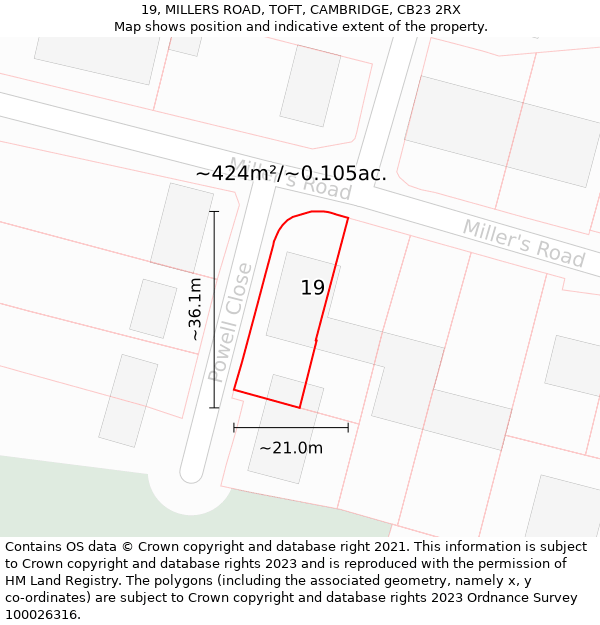 19, MILLERS ROAD, TOFT, CAMBRIDGE, CB23 2RX: Plot and title map