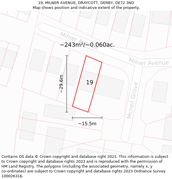 19, MILNER AVENUE, DRAYCOTT, DERBY, DE72 3ND: Plot and title map