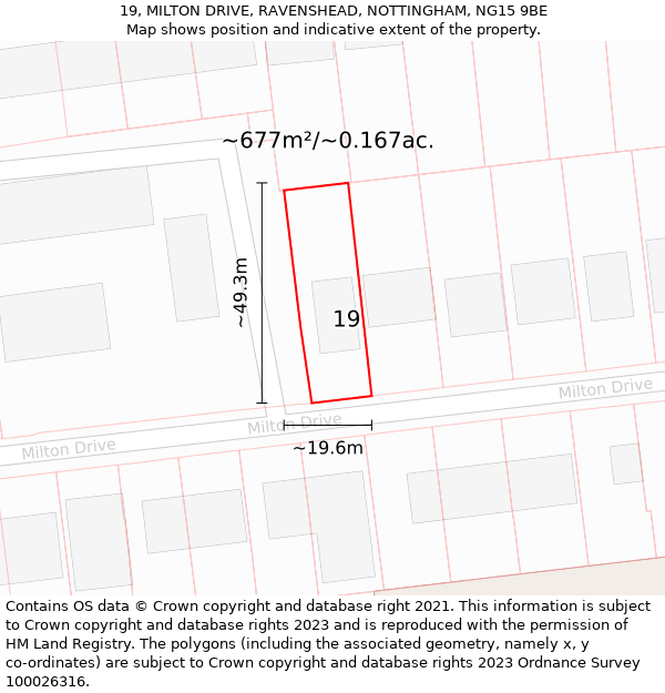 19, MILTON DRIVE, RAVENSHEAD, NOTTINGHAM, NG15 9BE: Plot and title map