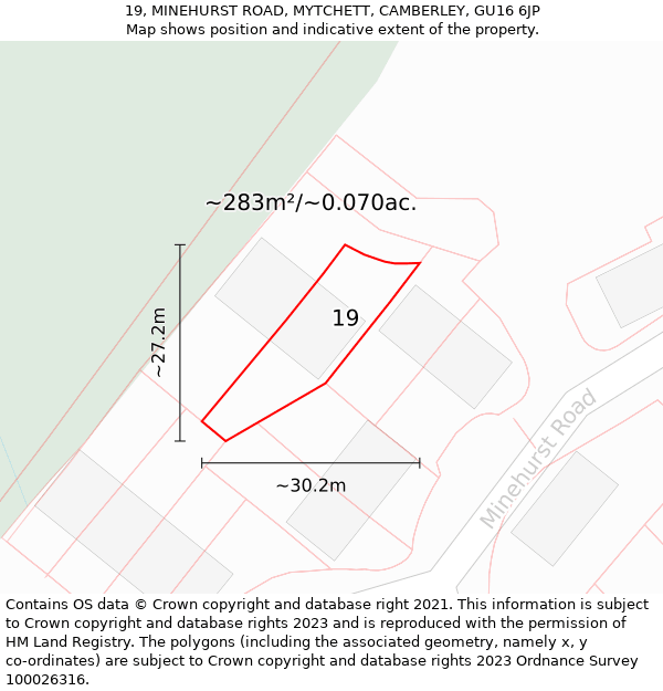 19, MINEHURST ROAD, MYTCHETT, CAMBERLEY, GU16 6JP: Plot and title map