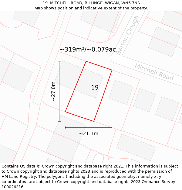 19, MITCHELL ROAD, BILLINGE, WIGAN, WN5 7NS: Plot and title map