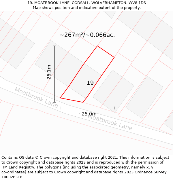 19, MOATBROOK LANE, CODSALL, WOLVERHAMPTON, WV8 1DS: Plot and title map