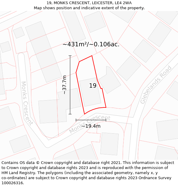 19, MONKS CRESCENT, LEICESTER, LE4 2WA: Plot and title map