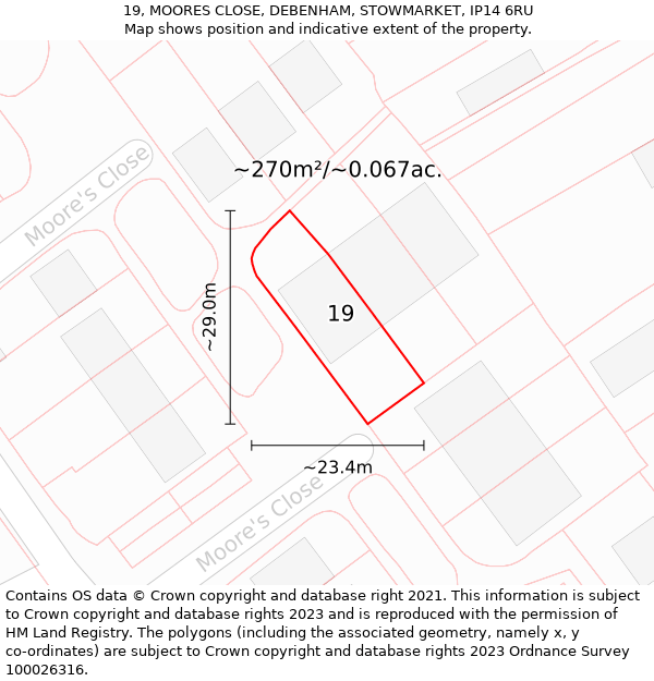 19, MOORES CLOSE, DEBENHAM, STOWMARKET, IP14 6RU: Plot and title map