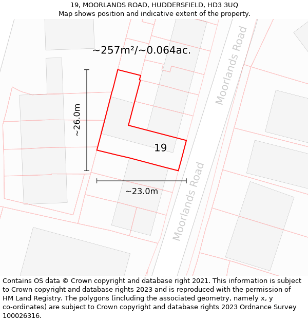 19, MOORLANDS ROAD, HUDDERSFIELD, HD3 3UQ: Plot and title map