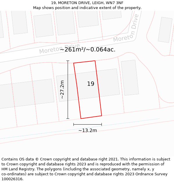 19, MORETON DRIVE, LEIGH, WN7 3NF: Plot and title map