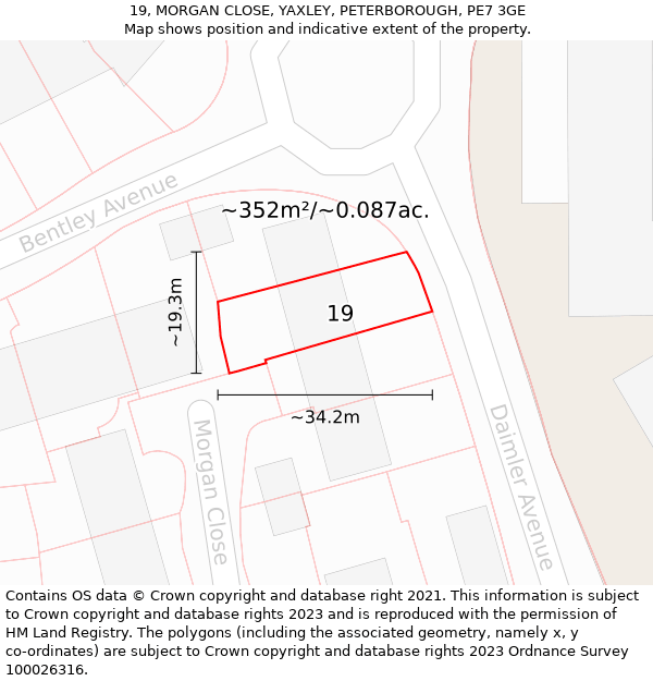 19, MORGAN CLOSE, YAXLEY, PETERBOROUGH, PE7 3GE: Plot and title map