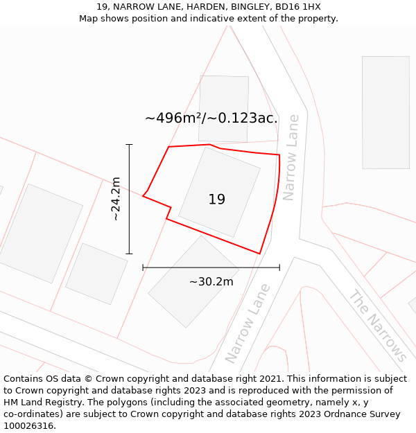 19, NARROW LANE, HARDEN, BINGLEY, BD16 1HX: Plot and title map