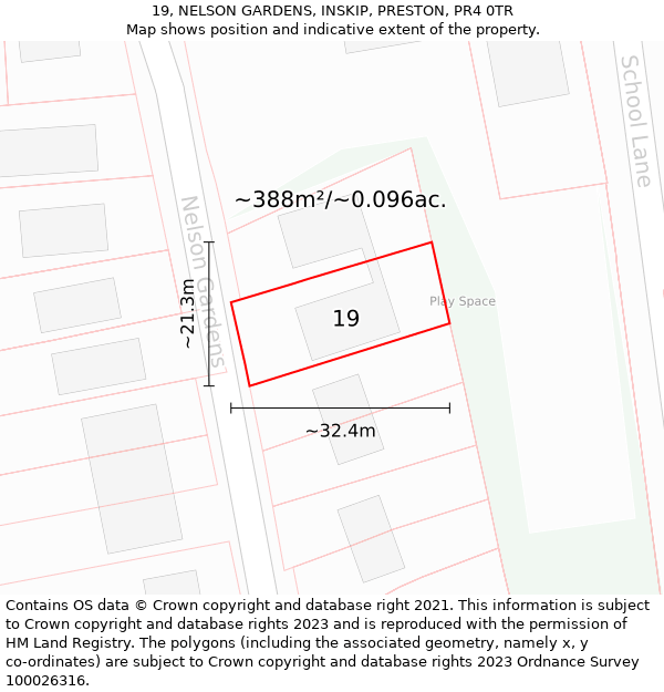 19, NELSON GARDENS, INSKIP, PRESTON, PR4 0TR: Plot and title map