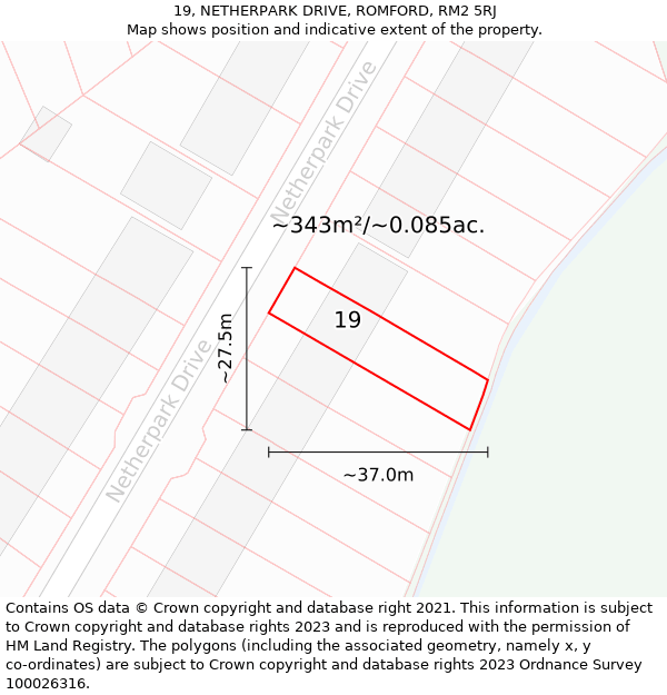19, NETHERPARK DRIVE, ROMFORD, RM2 5RJ: Plot and title map