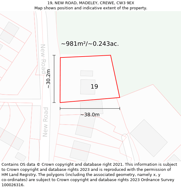 19, NEW ROAD, MADELEY, CREWE, CW3 9EX: Plot and title map