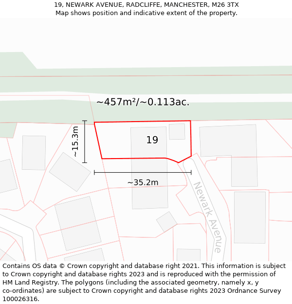 19, NEWARK AVENUE, RADCLIFFE, MANCHESTER, M26 3TX: Plot and title map