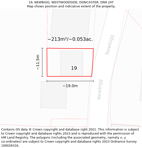 19, NEWBIGG, WESTWOODSIDE, DONCASTER, DN9 2AT: Plot and title map