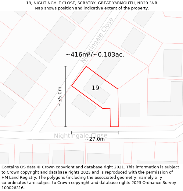 19, NIGHTINGALE CLOSE, SCRATBY, GREAT YARMOUTH, NR29 3NR: Plot and title map