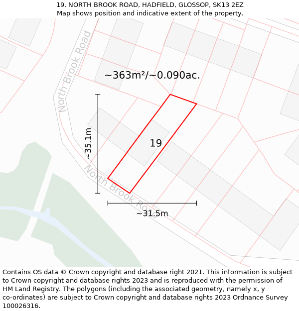 19, NORTH BROOK ROAD, HADFIELD, GLOSSOP, SK13 2EZ: Plot and title map