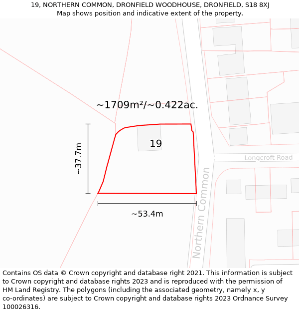 19, NORTHERN COMMON, DRONFIELD WOODHOUSE, DRONFIELD, S18 8XJ: Plot and title map