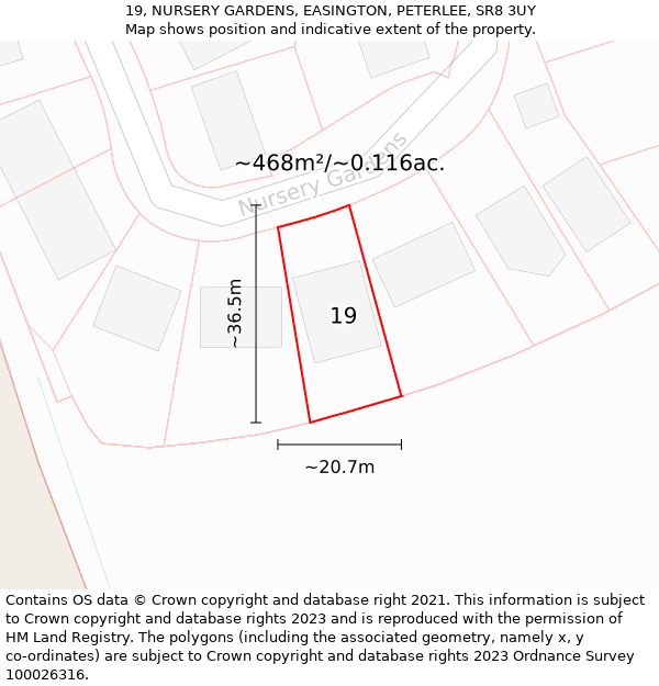 19, NURSERY GARDENS, EASINGTON, PETERLEE, SR8 3UY: Plot and title map