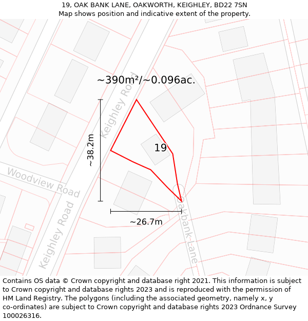 19, OAK BANK LANE, OAKWORTH, KEIGHLEY, BD22 7SN: Plot and title map