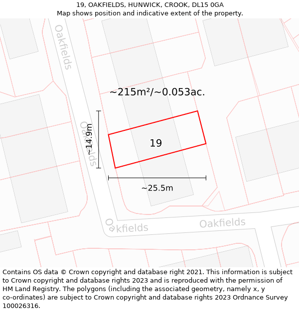 19, OAKFIELDS, HUNWICK, CROOK, DL15 0GA: Plot and title map