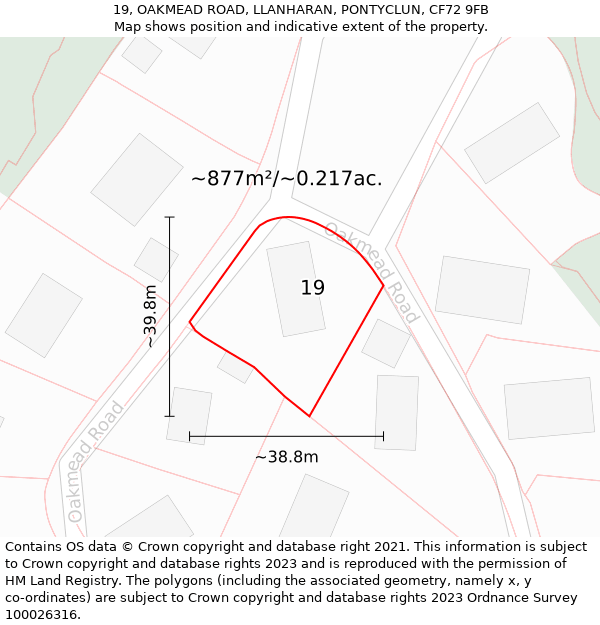 19, OAKMEAD ROAD, LLANHARAN, PONTYCLUN, CF72 9FB: Plot and title map