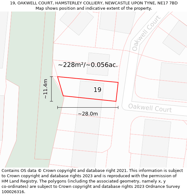 19, OAKWELL COURT, HAMSTERLEY COLLIERY, NEWCASTLE UPON TYNE, NE17 7BD: Plot and title map