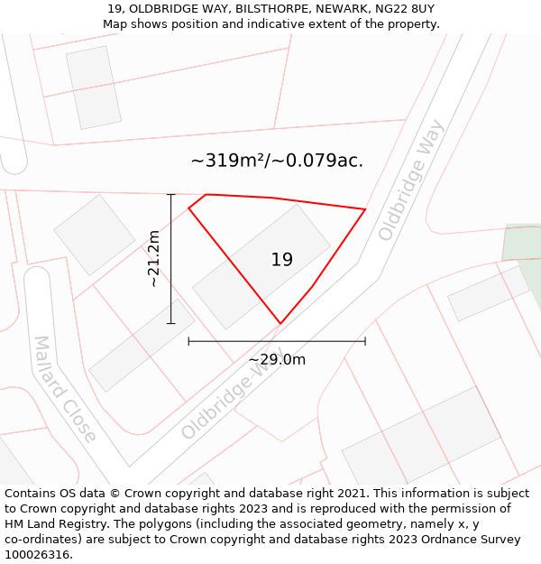 19, OLDBRIDGE WAY, BILSTHORPE, NEWARK, NG22 8UY: Plot and title map