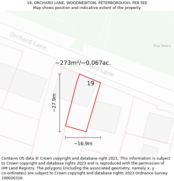 19, ORCHARD LANE, WOODNEWTON, PETERBOROUGH, PE8 5EE: Plot and title map