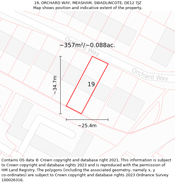 19, ORCHARD WAY, MEASHAM, SWADLINCOTE, DE12 7JZ: Plot and title map