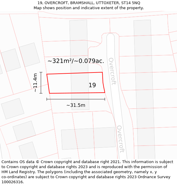 19, OVERCROFT, BRAMSHALL, UTTOXETER, ST14 5NQ: Plot and title map