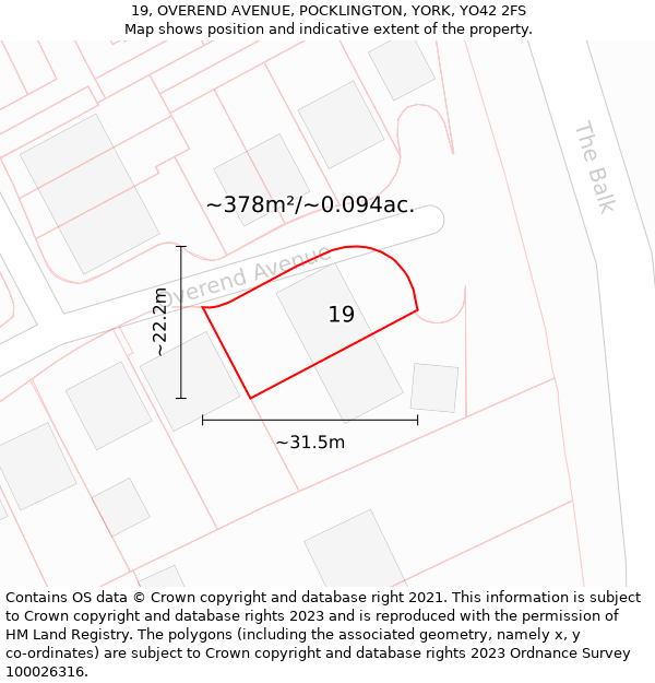 19, OVEREND AVENUE, POCKLINGTON, YORK, YO42 2FS: Plot and title map