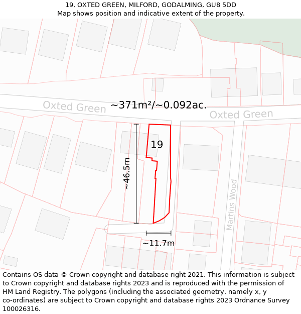 19, OXTED GREEN, MILFORD, GODALMING, GU8 5DD: Plot and title map