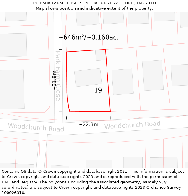 19, PARK FARM CLOSE, SHADOXHURST, ASHFORD, TN26 1LD: Plot and title map