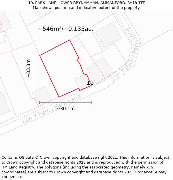 19, PARK LANE, LOWER BRYNAMMAN, AMMANFORD, SA18 1TE: Plot and title map