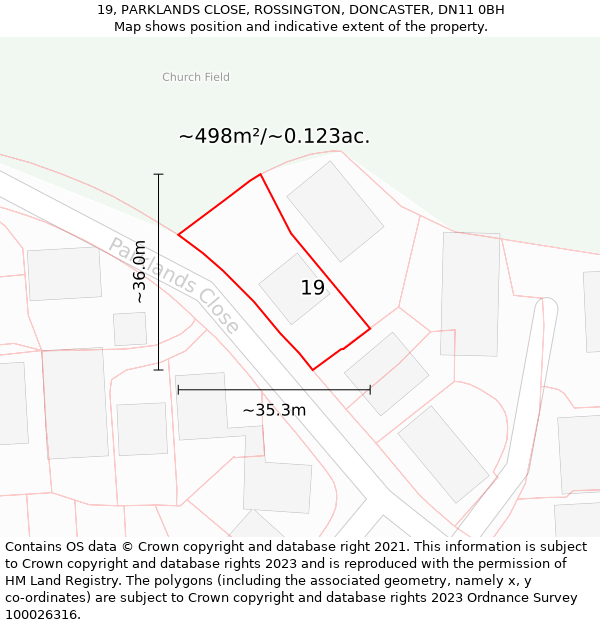 19, PARKLANDS CLOSE, ROSSINGTON, DONCASTER, DN11 0BH: Plot and title map