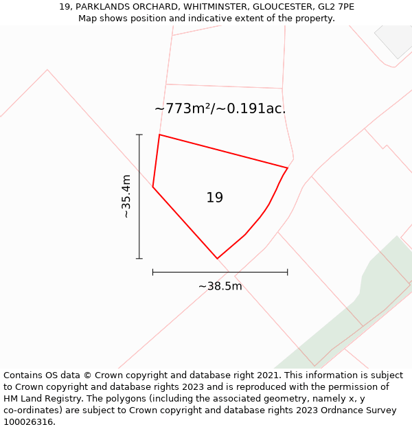 19, PARKLANDS ORCHARD, WHITMINSTER, GLOUCESTER, GL2 7PE: Plot and title map