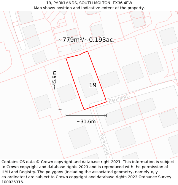 19, PARKLANDS, SOUTH MOLTON, EX36 4EW: Plot and title map