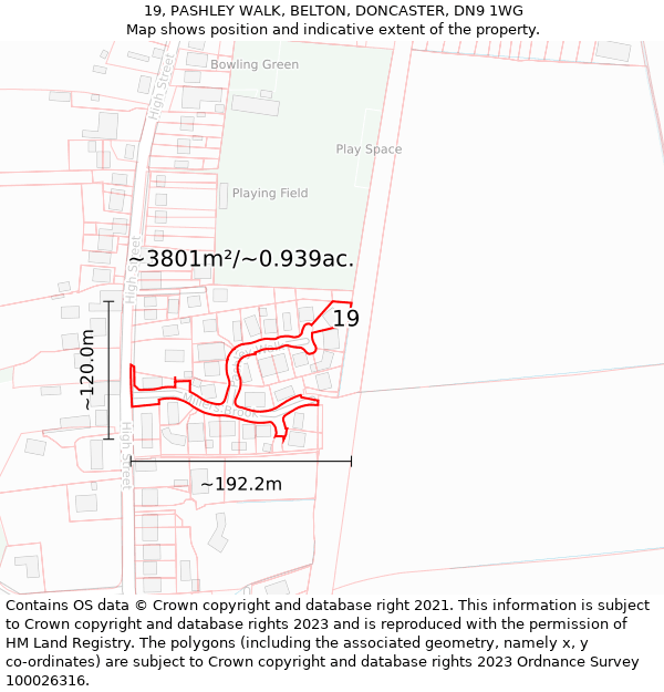 19, PASHLEY WALK, BELTON, DONCASTER, DN9 1WG: Plot and title map