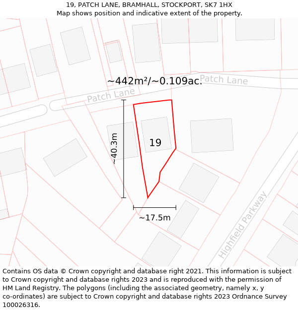 19, PATCH LANE, BRAMHALL, STOCKPORT, SK7 1HX: Plot and title map