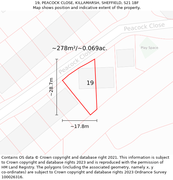 19, PEACOCK CLOSE, KILLAMARSH, SHEFFIELD, S21 1BF: Plot and title map