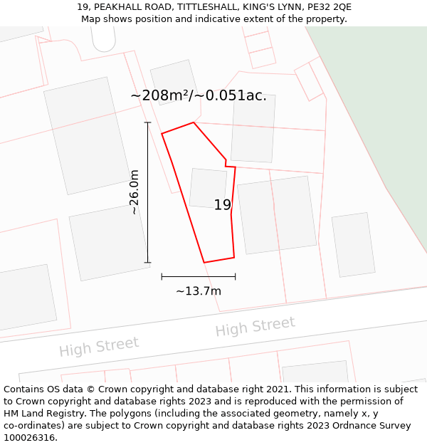 19, PEAKHALL ROAD, TITTLESHALL, KING'S LYNN, PE32 2QE: Plot and title map