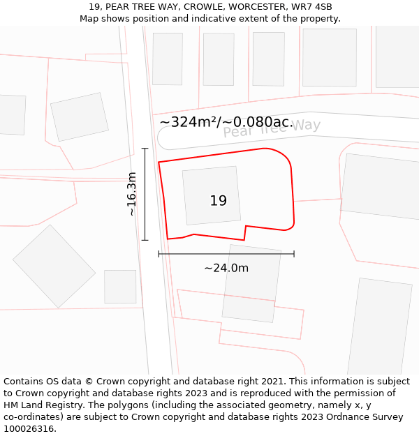 19, PEAR TREE WAY, CROWLE, WORCESTER, WR7 4SB: Plot and title map