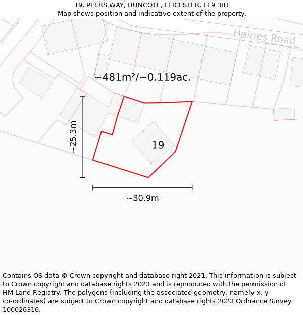 19, PEERS WAY, HUNCOTE, LEICESTER, LE9 3BT: Plot and title map