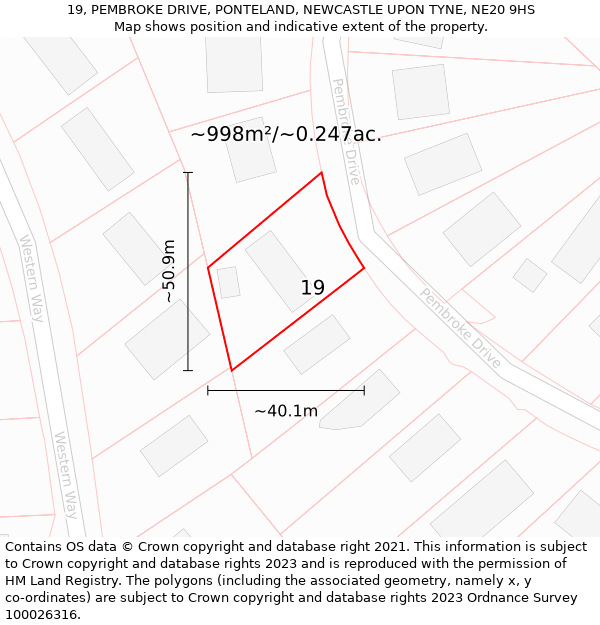 19, PEMBROKE DRIVE, PONTELAND, NEWCASTLE UPON TYNE, NE20 9HS: Plot and title map