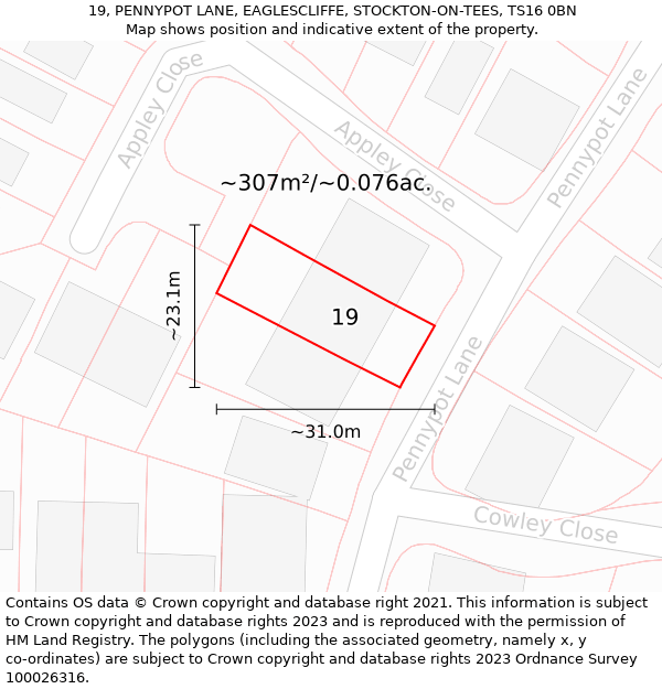 19, PENNYPOT LANE, EAGLESCLIFFE, STOCKTON-ON-TEES, TS16 0BN: Plot and title map