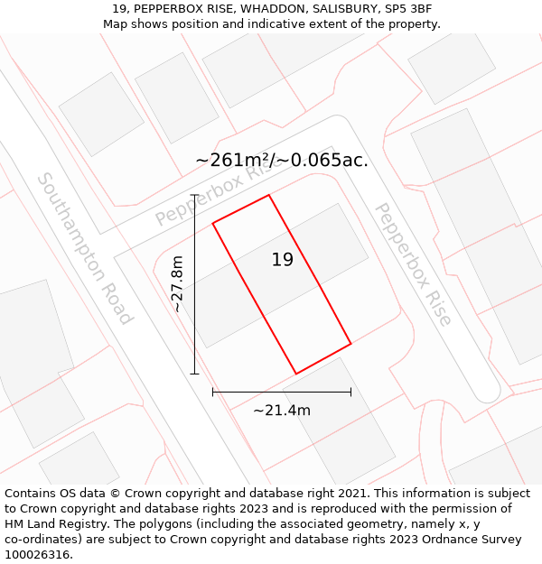 19, PEPPERBOX RISE, WHADDON, SALISBURY, SP5 3BF: Plot and title map