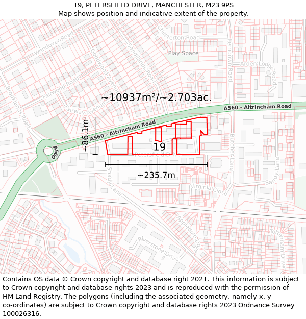 19, PETERSFIELD DRIVE, MANCHESTER, M23 9PS: Plot and title map