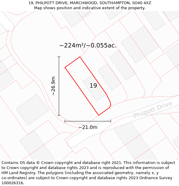 19, PHILPOTT DRIVE, MARCHWOOD, SOUTHAMPTON, SO40 4XZ: Plot and title map